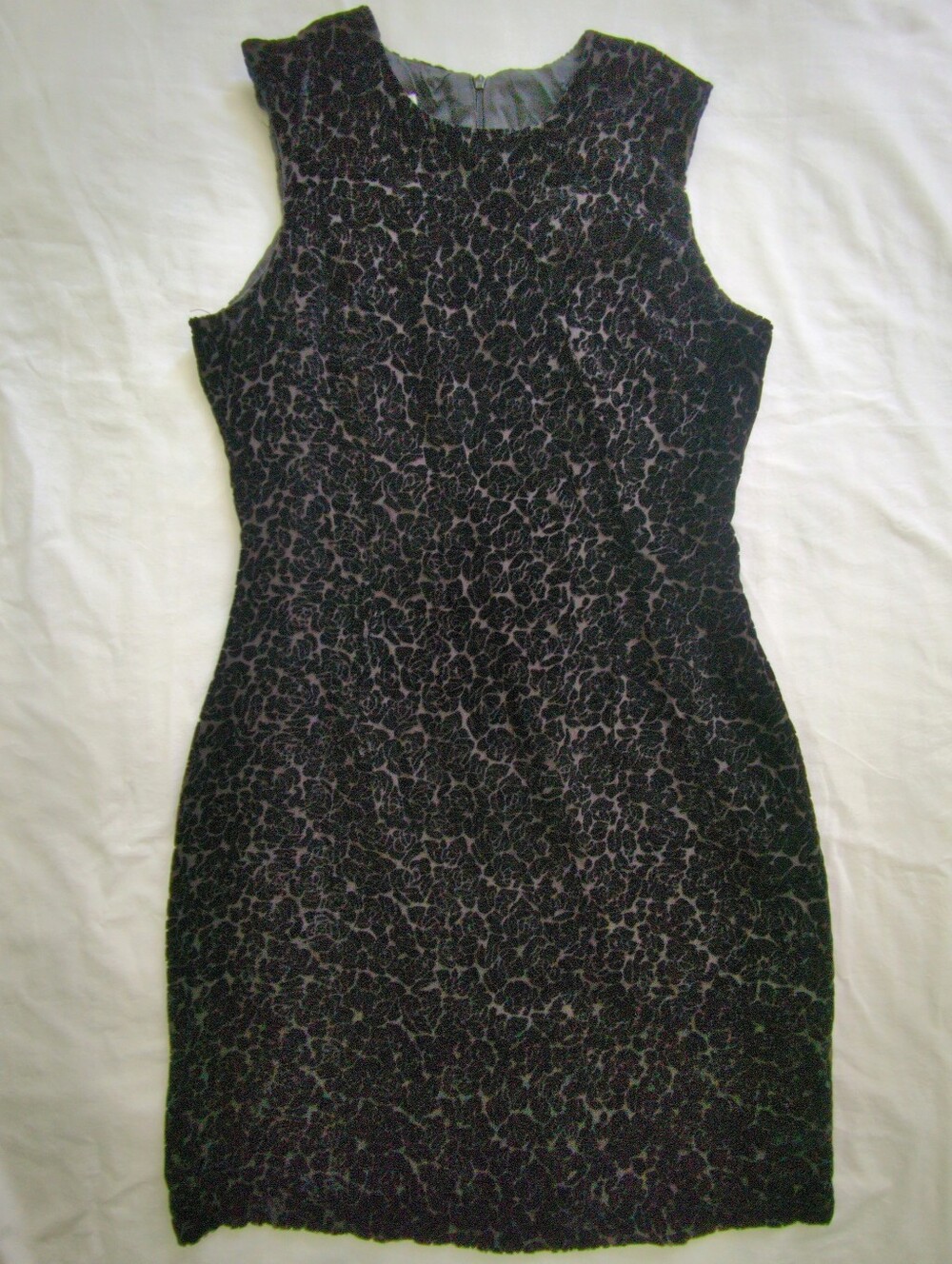 Vintage 90s Small Black Velvet Floral Rose Sleeveless Mini Sheath Dress